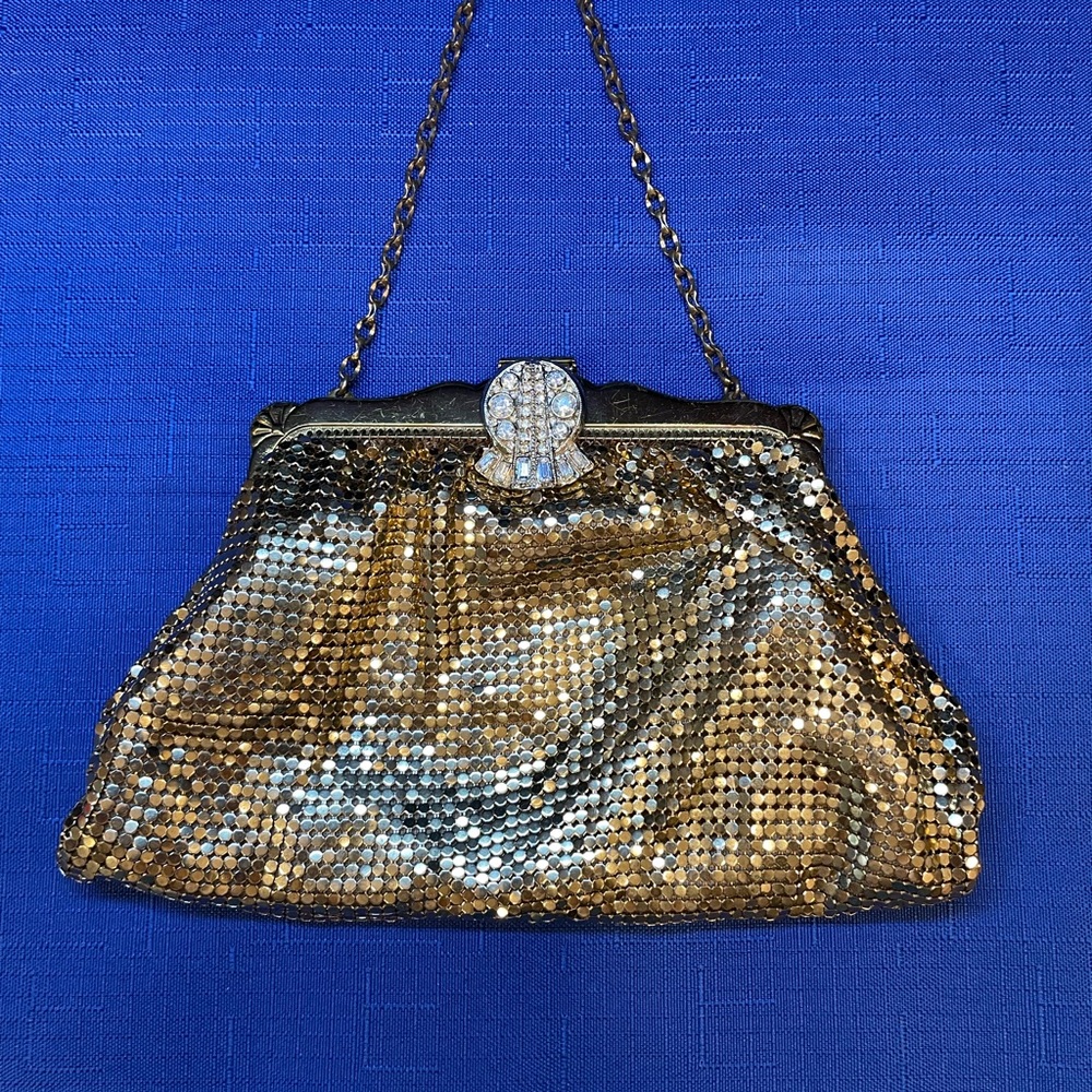 Stunning Whiting & Davis Gold and Silver Rhinestones Sequin Clutch w/strap